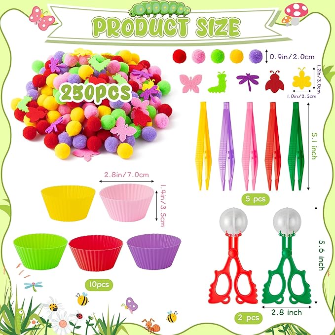 EZdhuawuse Fall Insects Sensory Bin Fillers Toys - 268 Color Counting Sorting Fine Motor Toys Set for Kids, Felt Dragonfly Butterfly Pom Poms Cups Clips for Preschool Education Birthday