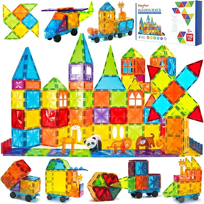 Magnetic Tiles 110PCS 3D Animals Magnet Tiles with 2 Cars Kids Magnetic Building Blocks STEM Educational Magnet Toy Construction Playboards Toys Gifts for Boys Girls Toddlers 3 4 5 6 7 8 9 Year Old