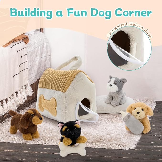 Muiteiur 8-Piece Dog House Plush Set, 9.8 Inch Plush Dog House Set with 4 Puppies, Magic Gate, Bottle, Bed Pad & Bone, Interactive Pet Toy for Kids