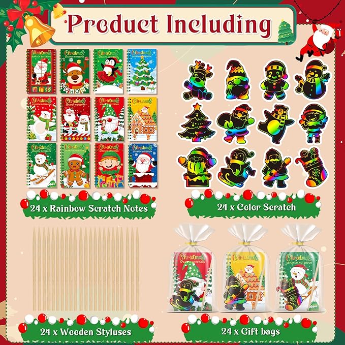 24 Pack Christmas Scratch Art Party Favors for Kids - Rainbow Scratch Paper with Christmas Scratch Off Cards Easter Birthday Goodie Bags Stuffers - Winter Holiday Gifts DIY Classroom Prizes