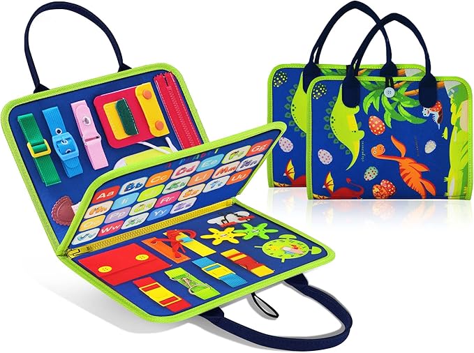 Dinosaur Montessori Learning Toy for Toddlers Ages 3-5 Years, Busy Sensory Board with Educational Activities, Travel-Friendly Developmental Skills Toy