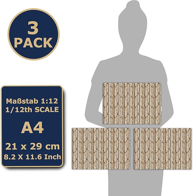 3 Sheets Self-Adhesive Brick Wall Cladding for Dollhouses Scale 1:12 (Birk Logs)