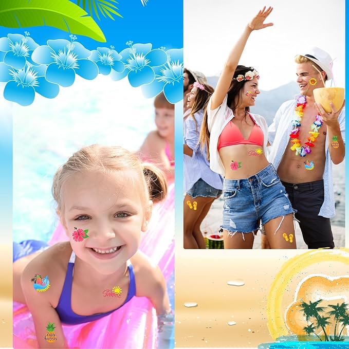 Landhoow 240 Pcs Summer Hawaiian Tattoos Temporary Glitter Face Tattoos Cool Body Sticker Costume Accessory Tattoos Party Favor