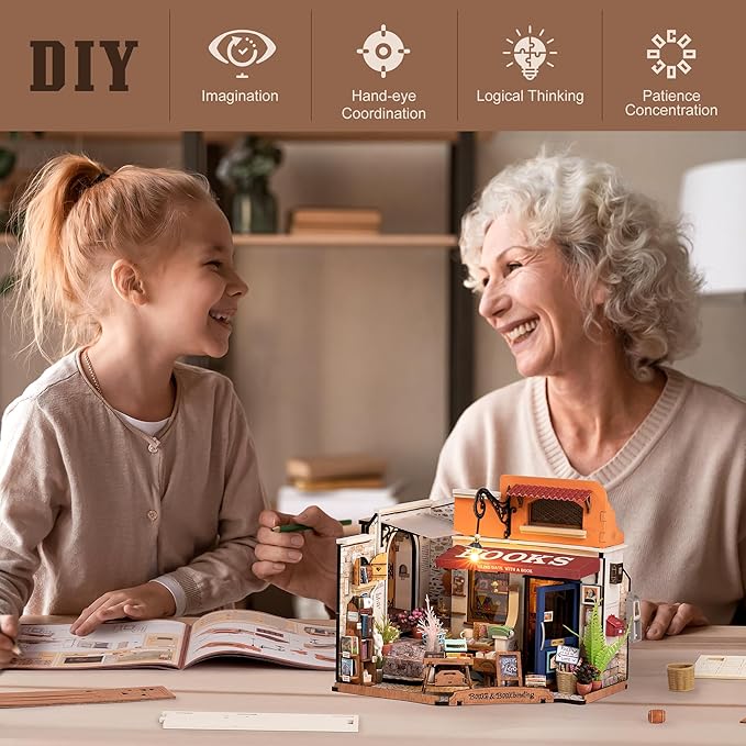 ROBOTIME DIY Miniature House Kit Mini Corner Bookstore Tiny House Making Kit with LED Wooden Craft Diorama Kit Decorative Hobby Unique Gift