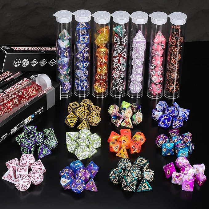 QMAY Mystery Dice Box - 7PCS DND Dice Set, Random Dice Patterns, 1Surprise Boxes, Polyhedral Dice with Dice Display Tube, D&D Gifts Box for Dungeons and Dragons, RPG, MTG,Role Playing Table Game