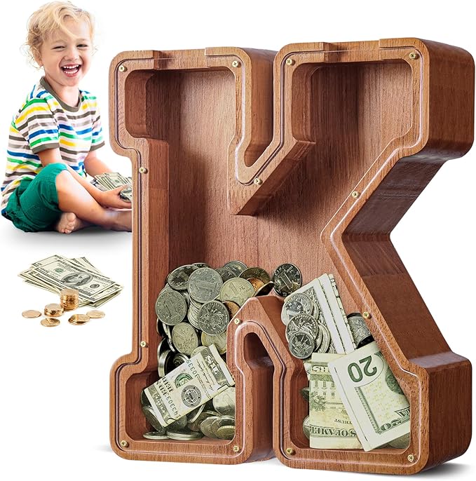 Summidate Large Wooden Piggy Bank for Kids Adults, Alphabets Letter A-Z Piggy Bank for Boys Girls, Coins Bills Change Bank Box Personalized Initial Name Kids Money Bank for Birthday Present and Decor