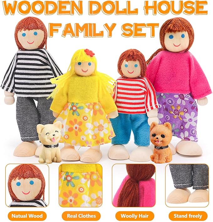 36PCS Wooden Dollhouse Furniture Set with 4 Flexible Family Dolls - 5 Room Realistic Doll House Accessories for Toddlers 3 4 5 6 , Pretend Play Toys Gift for Birthday and Christmas