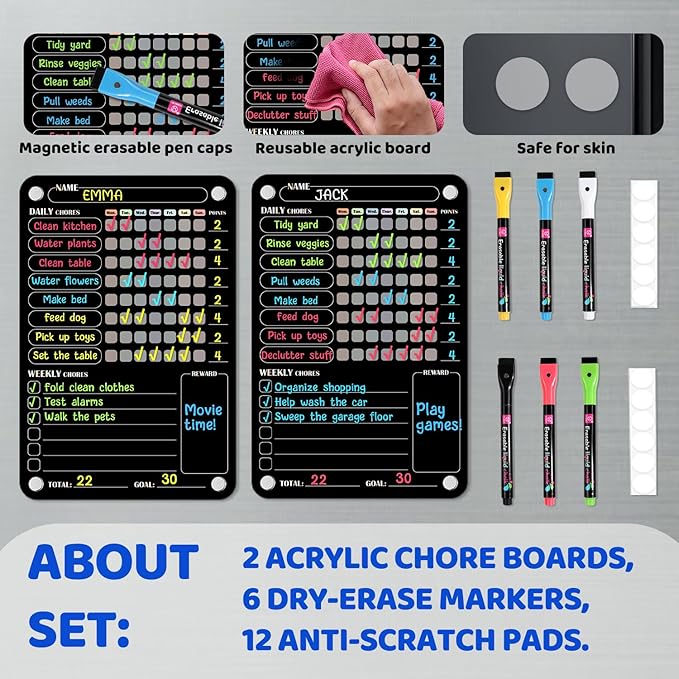 Acrylic Magnetic Chore Chart for Kids Multiple Kids, Clear Chore Board for Fridge Refrigerator, Behavior Reward Responsibility Chart, 2 Dry Erase Chores Chart for Kid with 6 Markers & Anti-Scratch Pad