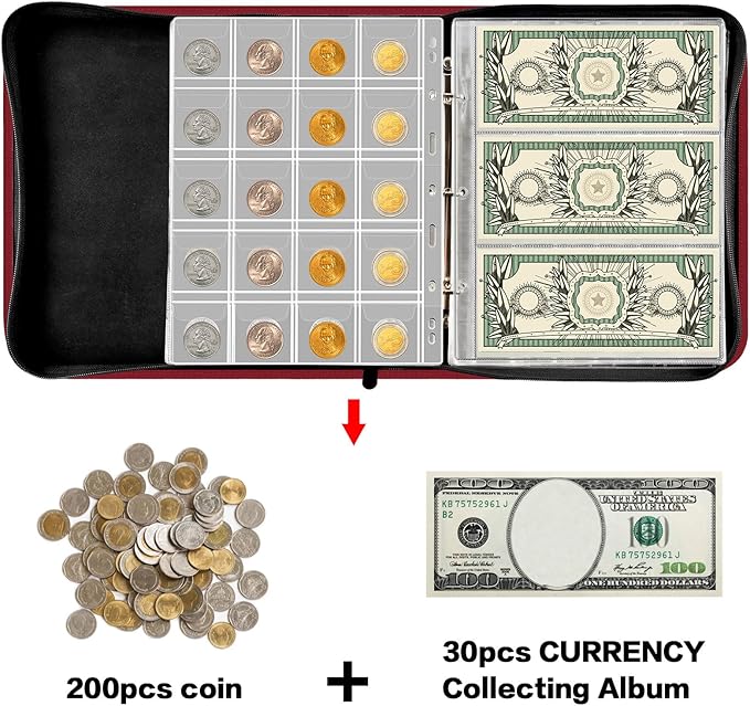 Coin Collection Book Holder for Collectors, 200 Pockets Coins Collecting Album & 30 Sleeves Paper Money Display Storage Case for Currency Collection Supplies (200+30 paper money binder)-Red