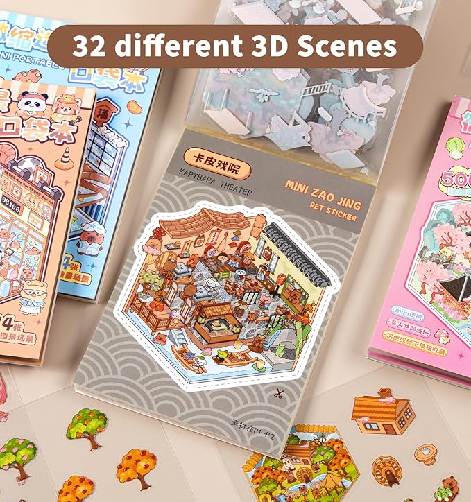 Pocket DIY 3D House Stickers, 32 Sets Fun DIY Sticker Scene Make Your Own Mini House Cute Cartoon Animal Scene Stickers for Kids Adult Sticker Art Relief Stress Pass The Time