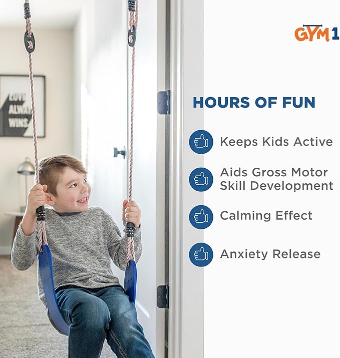 Gym1 6-Piece Doorway Gym Indoor Playground - 6-Piece, Blue - Indoor Playset with Sensory Swing, Pull-Up Bar & Rings, Trapeze, Ladder & Knotted Rope