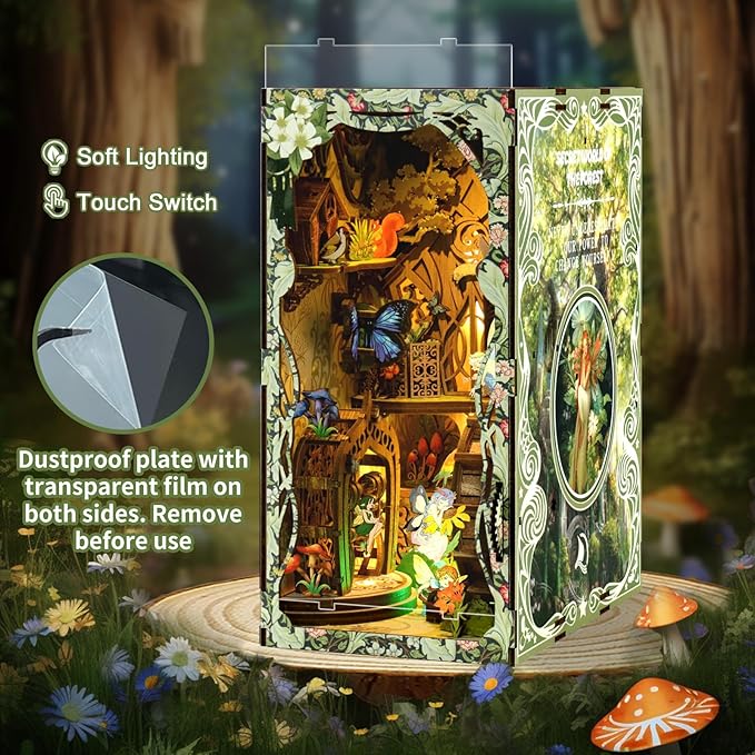 ISSEVE Book Nook Kit, DIY 3D Wooden Puzzle Dollhouse Booknook for Adults, Tiny Miniature House Kit Bookshelf Decor with LED Light and Dust Cover, Gifts for Family and Friends (Forest Secret World)