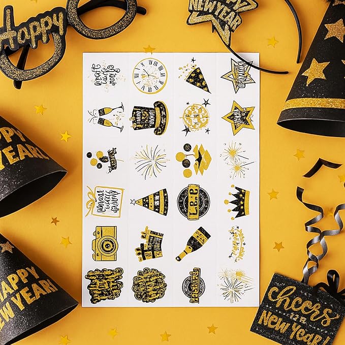 Landhoow 240 Pcs 2026 Happy New Year Tattoos Temporary Stickers Glitter New Year's Eve Face Tattoos Cool Body Sticker 2026 Themed Party Costume Accessory Tattoo Party Favor