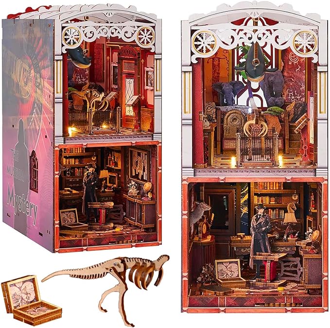 Book Nook Kit Detective, DIY Miniature Booknook Kit for Adults with LED Lights, 3D Wooden Puzzles Bookshelf Insert Decor Ideal Gifts for Men Teens Family (The Museum Mystery)