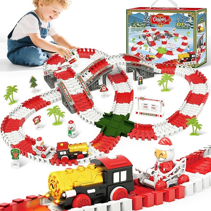 MOONTOY Track Car Toys for Kids, 233 PCS Construction Race Tracks Christmas Train Set, Assembled Light Up Railway Track Toddler Toys, Christmas Birthday Gifts for Boys and Girls Age 3 4 5 6 Year Old