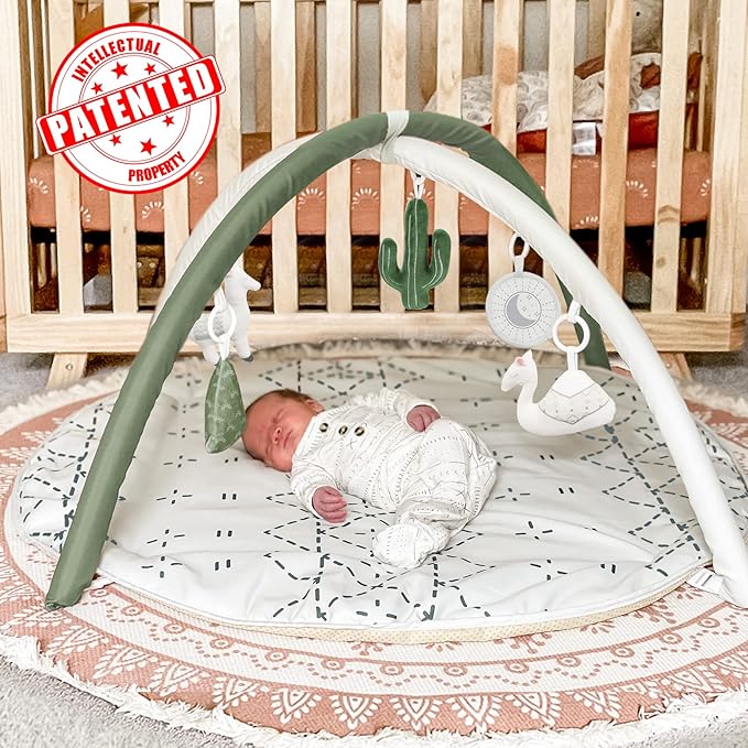 Little Dove Tummy Time Mat with 6 Toys, Macrame Baby Play Mat for Newborn, Baby Gym with 12 Milestone Cards, Stage-Based Sensory and Motor Skill Development Baby Play Gym, Non Slip Mat Washable, Green