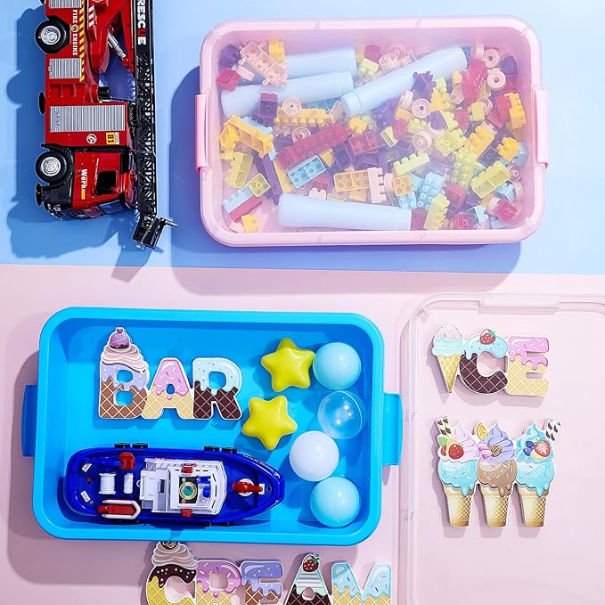 2 Pcs Sensory Bins Sand Tray with Lid, 15in Stackable Leak-Proof Plastic Sensory Tray for Sand & Water Play, Portable Bin for Kids 3 4 5 6, Easy Clean, Indoor Outdoor(Pink, Blue)