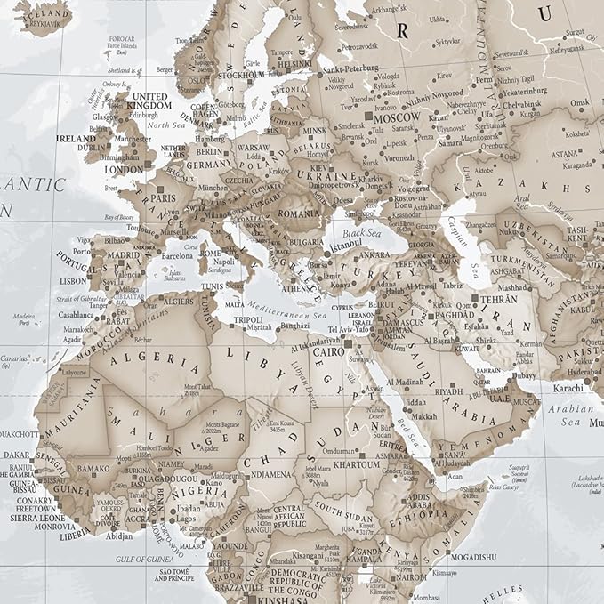 Maps International - Giant World Map Mural - Mega-Map Of The World Wallpaper - 91 x 62 - Neutral Colors