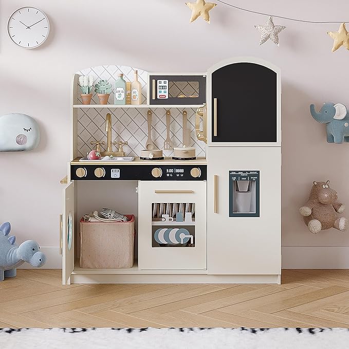 Treocho Play Kitchen for Kids, Wooden Toddler Kitchen Set with Storage, Modern Design Toy Kitchen with Faucet&Sink, Stove, Chalkboard, Icemaker and Various Accessories for Kids Ages 3+, Cream