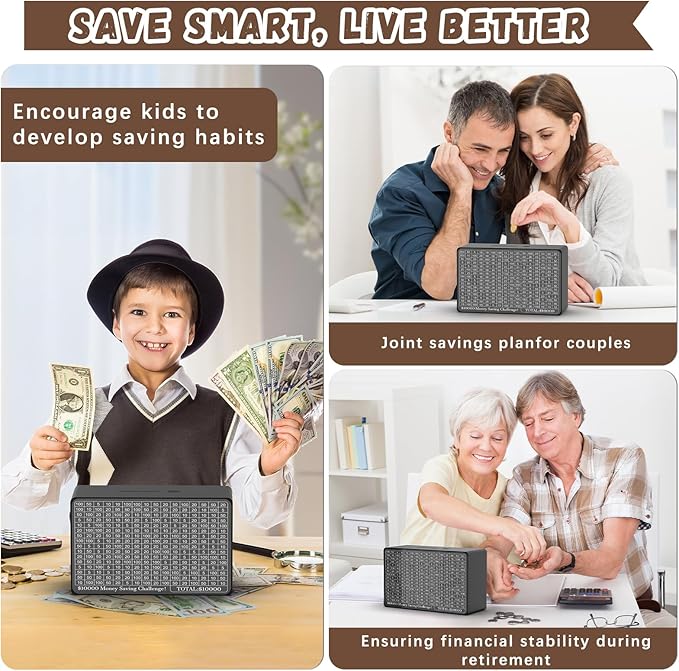 Wooden Money Saving Box, Cash Vault Savings Box for $10000 $5000 $3000 $1000 $800 $500 Target Money Saving Challenge, Reusable Money Box with Counter, Dry Erase Pen/Savings Trackers/Rubber Band-Black