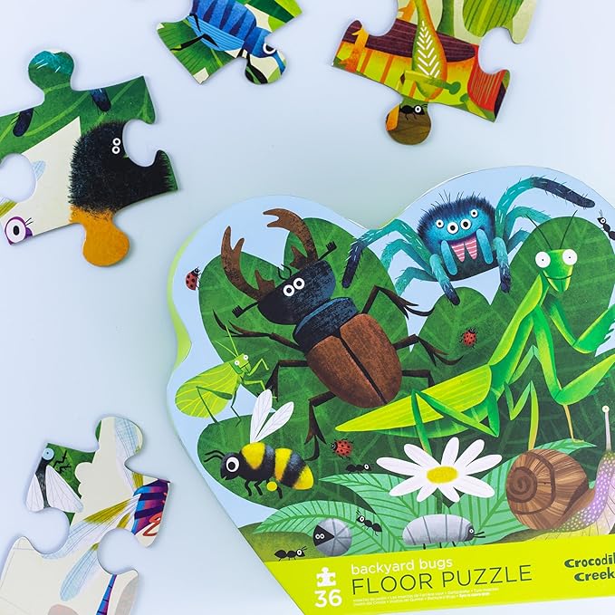 Crocodile Creek 36-Piece Jigsaw Floor Puzzle - Fun Floor Puzzles for Kids Ages 3-5 - Heavy-Duty Shaped Box for Storage - Backyard Bugs - 27" W x 20" H Finished