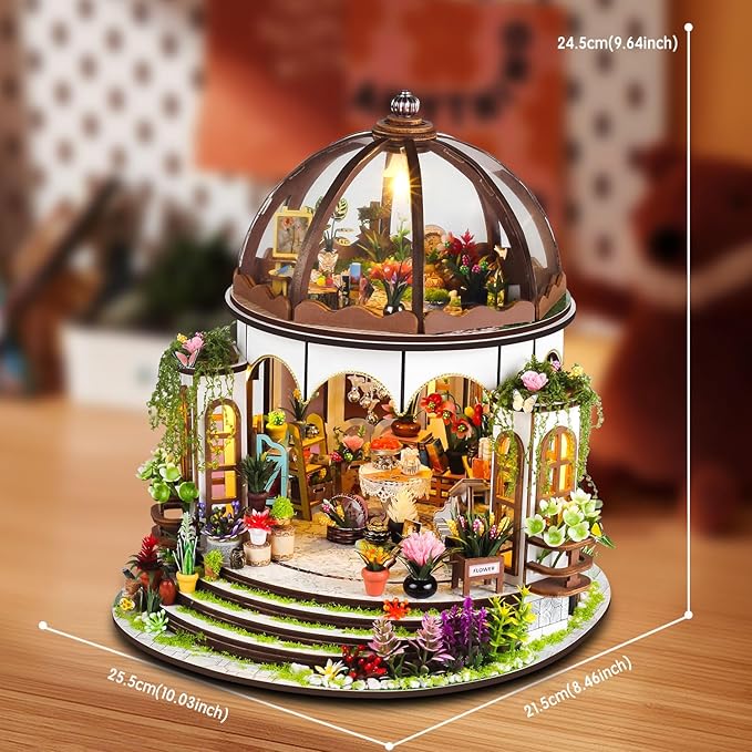 DIY Miniature Garden Dollhouse Kit - 1:24 Scale Wooden Flower Greenhouse Room Craft with Furniture for Book Nook Decor - Present for Women, Girls, and Boy (Round Garden)
