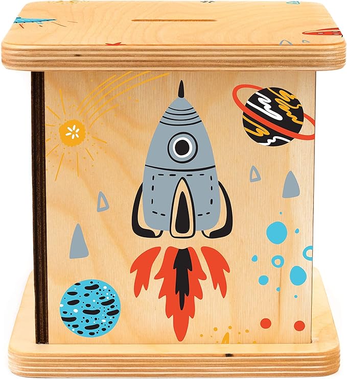 Wooden Piggy Bank for Kids and Adults, Personalized Gift Handmade in USA by BloomOwl, Custom Piggy Bank, Personalized Banks for Kids, Gifts for Baby Boys and Girls (Space)