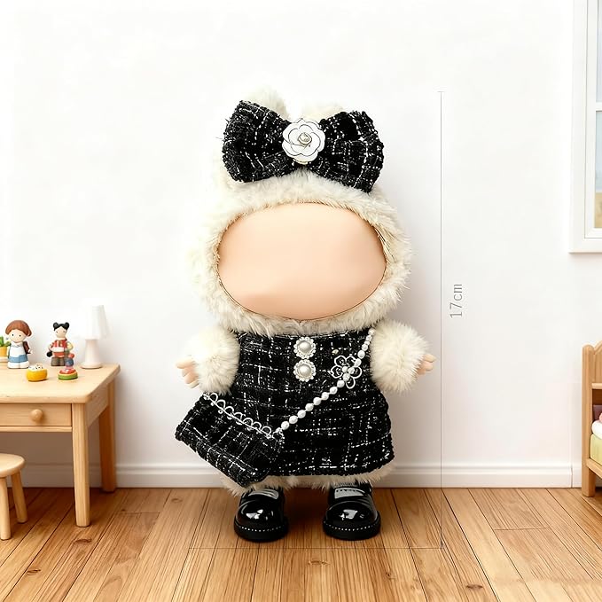 Clothes for LABUBU 17cm Doll (NO Doll)（NO Shoes, Outfit for LABUBU, Dress + Hairpin + Mini Bag Set for LABUBU Dress Up, Fashion and Premium Dolls Accessories for LABUBU (Style G)