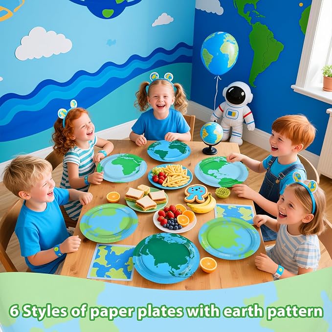 Grencian 60Pcs Earth Day Paper Plates 9" Large Disposable Heavy Duty Navy Globe Map Platter Blue Green Around the World Dessert Plate for Kids Birthday Travel Home Party Decoration
