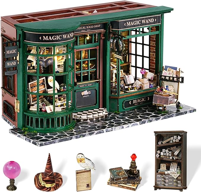 Fsolis DIY Miniature Dollhouse Kit for Adults - Tiny House Mini Bookshelf Scene Kit 3D Wooden Puzzles Gifts for Women Teenagers Craft Lovers (Magic Wand)