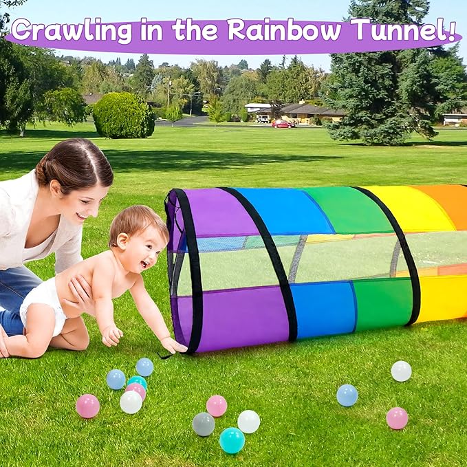 Kids Play Tunnel for Toddlers, Large 21" Colorful Rainbow Pop Up Crawl Through Tunnel Tent for Baby or Pet with Breathable Mesh, Indoor & Outdoor Kids Tunnel for Babies, Cat, Dog, Pets.