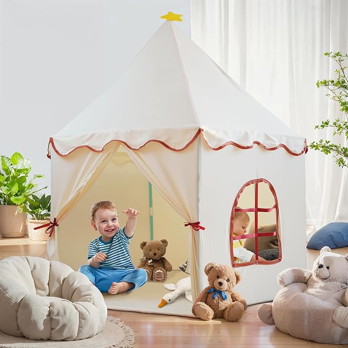 Large Girls Play Tent Princess, Boys Castle Kids Playhouse Indoor Outdoor Toddler Teepee | American Style Design, Age 3-8| Detailed Instructions| Colorful Package| Christmas Birthday Gift Beige