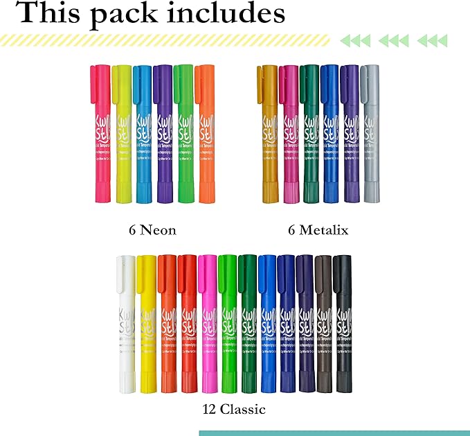 Kwik Stix Solid Tempera Paints, Thin Stix Paint Pens, Super Quick Drying, 6 Neon, 6 Metalix & 12 Classic Vibrant Colors - 24 Pack - TPG-620