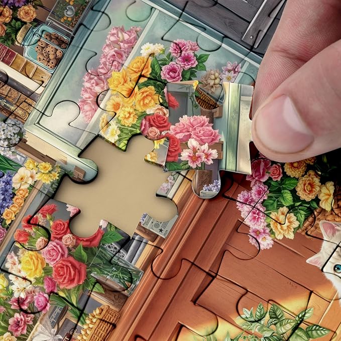 Flower Colorful Shop Puzzle 1000 Pieces for Adults, Spring Floral Plant Cabin Jigsaw Puzzle, Vintage Garden Cat Nature Puzzles