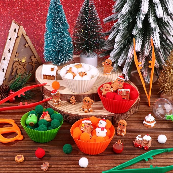 200 PCS Christmas Sensory Bin Filler Winter Sensory Bin Items 160 Pompoms 22 Gingerbread Man 8 Cups 6 Tweezers 3 Scissor Clips 1 Storage Box for Christmas Fine Motor Toys Counting Sorting Training