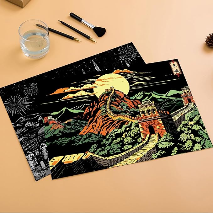 Scratch Art for Adults & Kids-Scratch Painting Craft Kit (16x11 in)|Foil Engraving Art Set|Stress Relief Gift for Travel Lovers,Craft Lovers|Creative Scratch Art Home Decor(Great Wall&Blue Mosque)