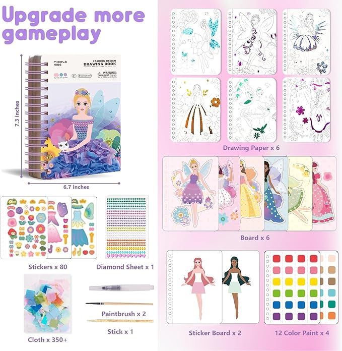 MIROLA KIDS 4 in 1 Poke Craft Kits for Girls, Magic Princess Crafts for Kids Ages 4-8, DIY Activity with Princess Stickers, Watercolor Paint, Diamond Art Gifts for 4 5 6 7 8+ Year Old Girls
