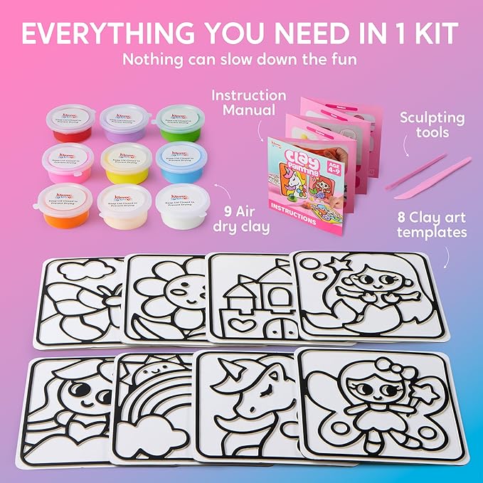 Klever Kits Air Dry Clay Painting, Air Clay Kit for Kids, 8 Pre-grooved Filling and Original Designed Boards, Easy Play and Non Toxic Material, Arts and Crafts for Kids Age 4-9