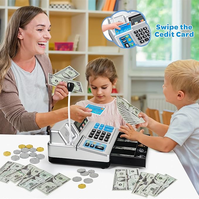 Calculator Cash Register Toy Gift for Kids Age 3, 4, 5, 6, 7, 8+ Year Old, 120 Pcs Grocery Store Playset with Toy Cash, Grocery Boxes， Microphone, Play Cash Register for Toddlers 4-8, Silvery