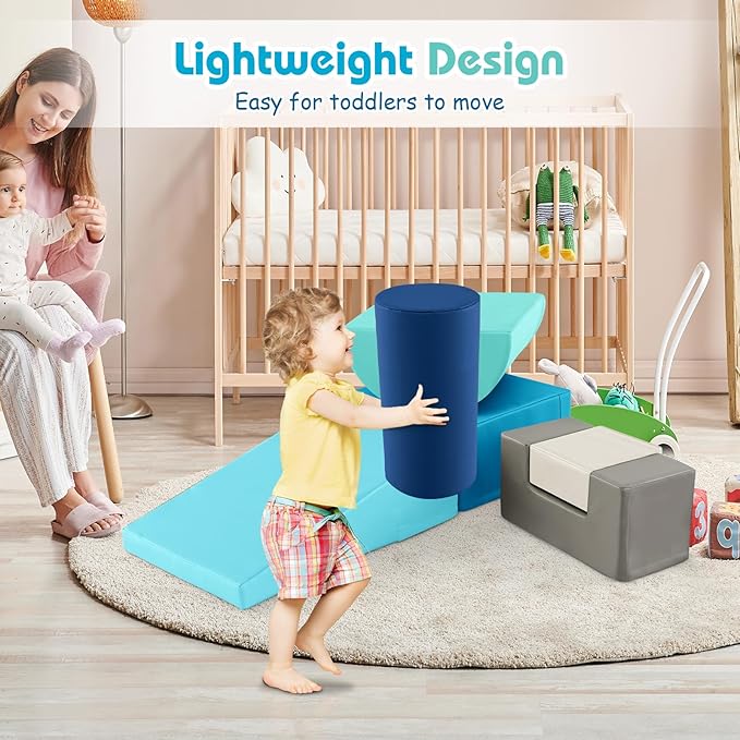 Costzon Toddler Climbing, 6 Pieces Climb and Crawl Playset with PU Cover for Baby Crawling, Climbing & Walking, Indoor Foam Climbing Blocks for Toddlers (Blue)