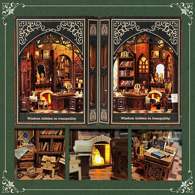 Book Nook Kit,Type-C Charging Dollhouse for Bookshelf, Desk, Shelf, and Nightstand Decor, Perfect for Home Decor and Gifts (Classical Library)