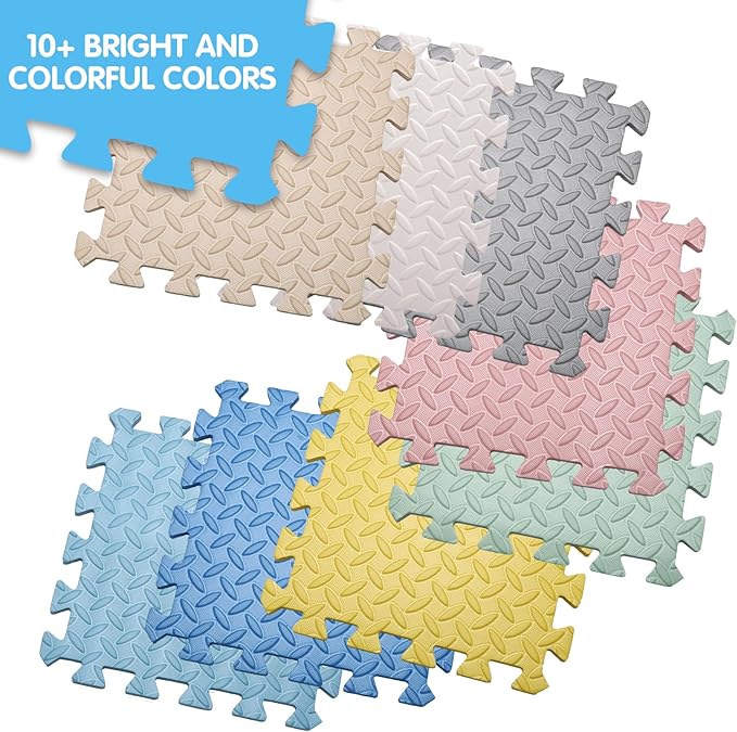Coolcandy EVA Foam Play Mat, 16 Tiles Colorful Baby Play Mat, Square Kids Playmat with Solid Colored, 0.4" Thickened Interlocking Foam Floor Tiles, Puzzle Play Mat for Baby Lying, Playing (Beige)