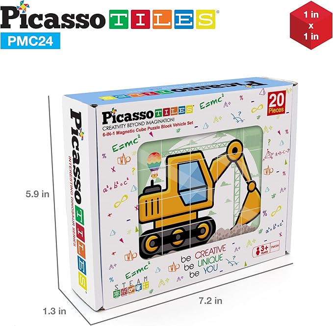 PicassoTiles Magnetic Cube Puzzle 6-in-1 Vehicle Theme Pattern Magnet Brain Teaser Cubes Building Block 120 Pictures Toy Set Kids Ages 3 & Up Preschool Children Promotes Problem PMC24