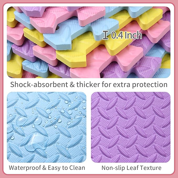 36 Tiles Foam Play Mat for Baby, 0.4 Inch Thick Foam Interlocking Floor Mats, Non-Toxic Baby Playmat, Solid Colored Puzzle Play Mat Kids Floor Mats for Toddler(Pink/Purple/Yellow/Light Blue)