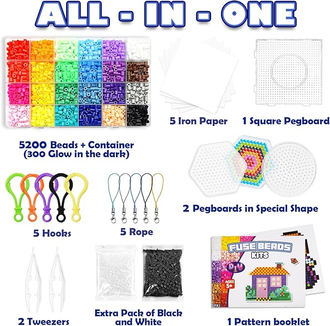FUNZBO 5200 5mm Fuse Beads Kit - 24 Colors | 66 Patterns, Crafts Toys for Girls Ages 8-12, Arts and Crafts for Kids Ages 6-8, Gifts for Girls Boys Age 5 6 7 8 9 10 11 12 Year Old