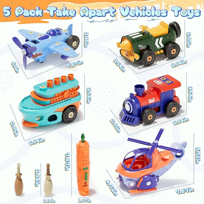 Take-Apart Electric Building Toys for kids ages 4-8, 5 Pcs Toys Cars Kids&toddler Tool Set with Motor & Electric Drill, STEM Educational building construction toys 3+ year old, Gift for Boys 3 4 5 6