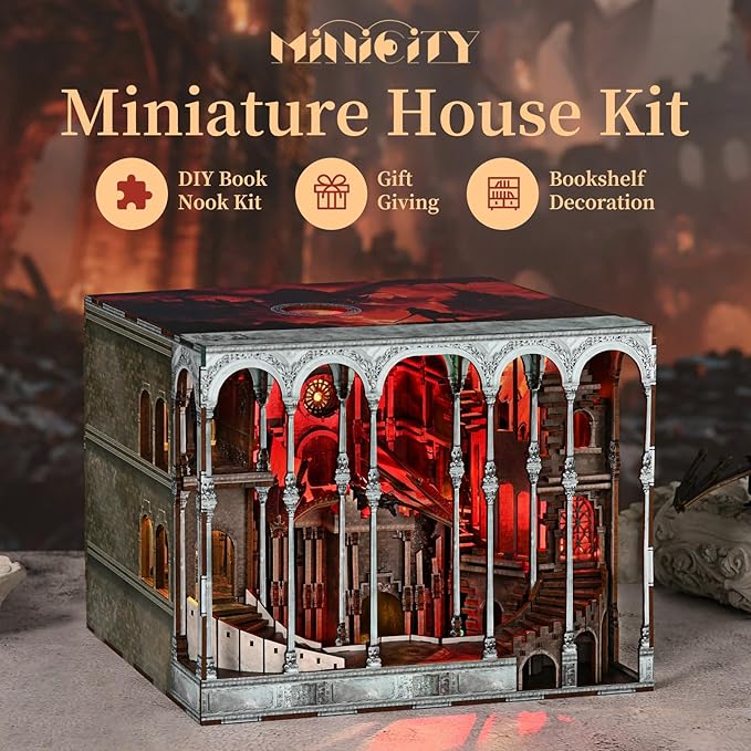 Book Nook Kit, DIY Miniature House Kit for Adults, Teens and Beginners, Dollhouse Booknook Library Tiny House Bookshelf Decor 3D Wooden Puzzle, Gifts for Family, Friends (Ember Castle)