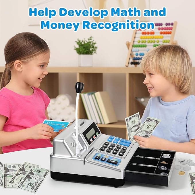 Calculator Cash Register - 103 Pcs Toy Cash Register, Store Set with Microphone, Credit Card and Banking for Kids, Toddler Math Learning Toys, Preschool Gifts for 3, 4, 5, 6, 7, 8+ Years Old Boy Girl