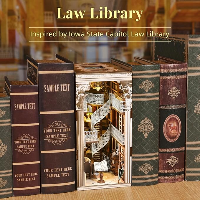 DIY Book Nook Kit for Adults and Teens, Miniature Dollhouse Booknook Kit, 3D Wooden Puzzle Booknook Bookshelf Bookcase Model Build Kit Decor Alley with LED Light (Law Library)