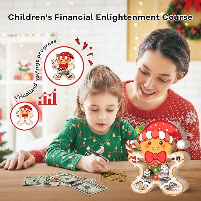 Wooden Christmas Piggy Bank for Kids, Gingerbread Man Money Bank for Boys Girls Toddler, Unbreakable Kids Money Box with Letter Sticker, Large Saving Coin Jar for Xmas Home Christmas Décor